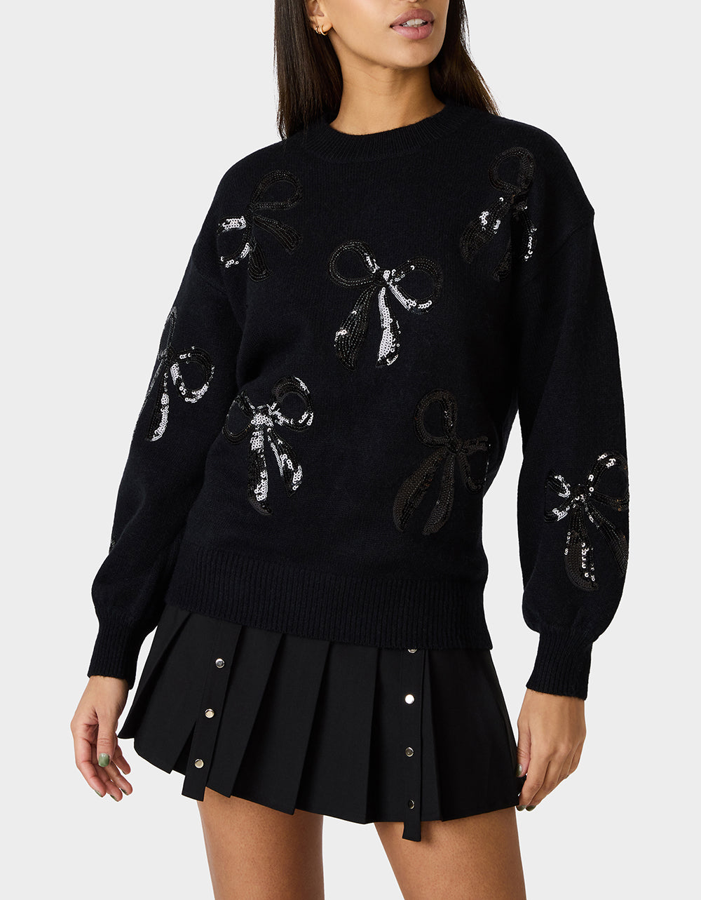 Betsey Johnson Discount - SEQUIN BOW SWEATER BLACK Women's Bow Print Black Cozy Sweater