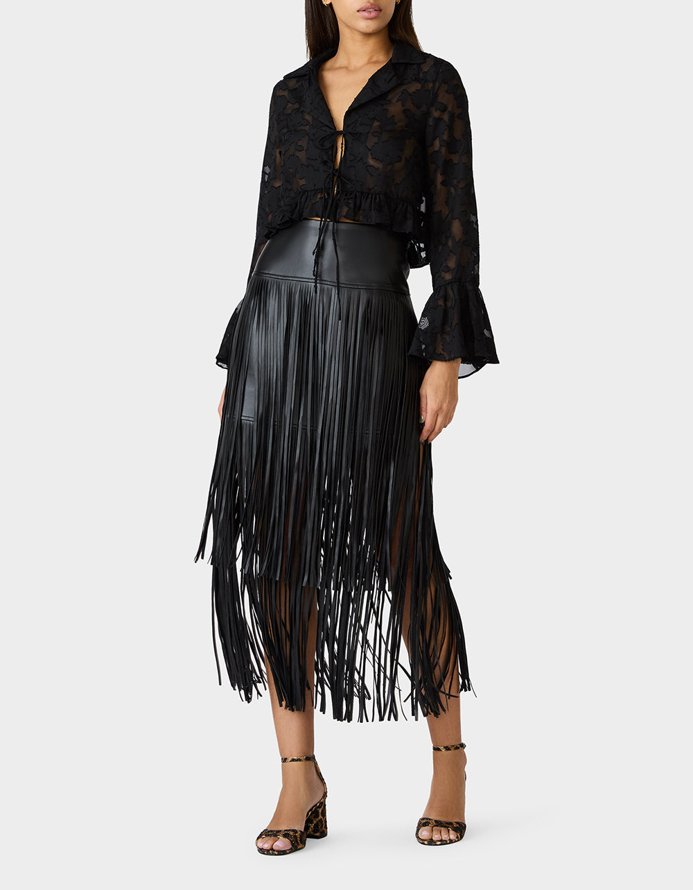 Betsey Johnson Trending - OPHELIA NOIR BLOUSE BLACK Women's Tie Front Long Sleeve Mesh Crop Top