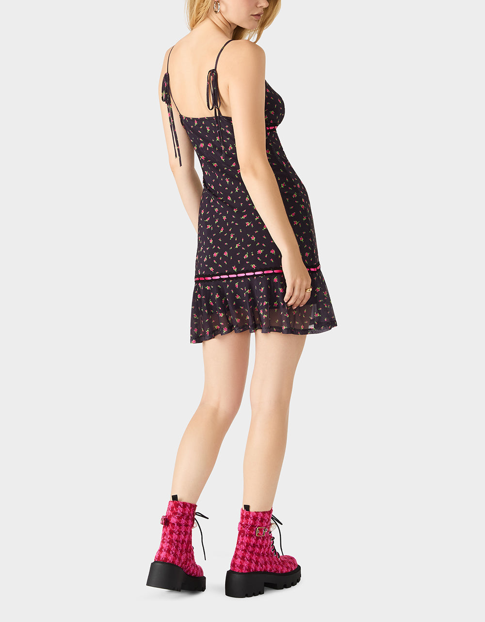 Betsey Johnson Classic - ROSEBUD SLIP DRESS BLACK Women's Floral Print Mini Slip Dress