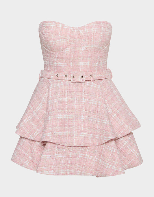 Betsey Johnson Popular - BELTED TWEED DRESS POWDER PINK Women's Strapless Croset Dress