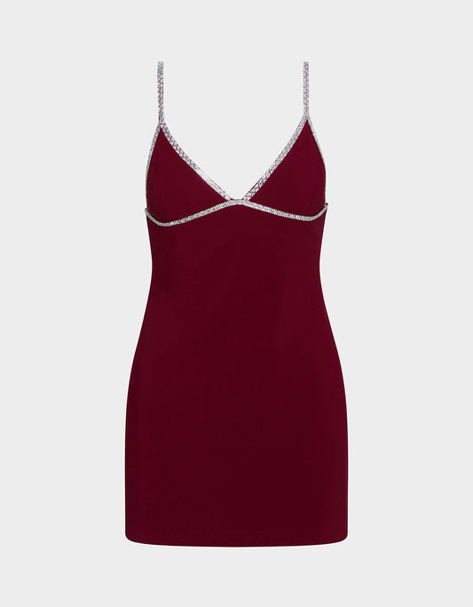 Betsey Johnson New - CRYSTAL SLIP DRESS WINE Women's Burgundy Wine Mini Dress with Rhinestone Details