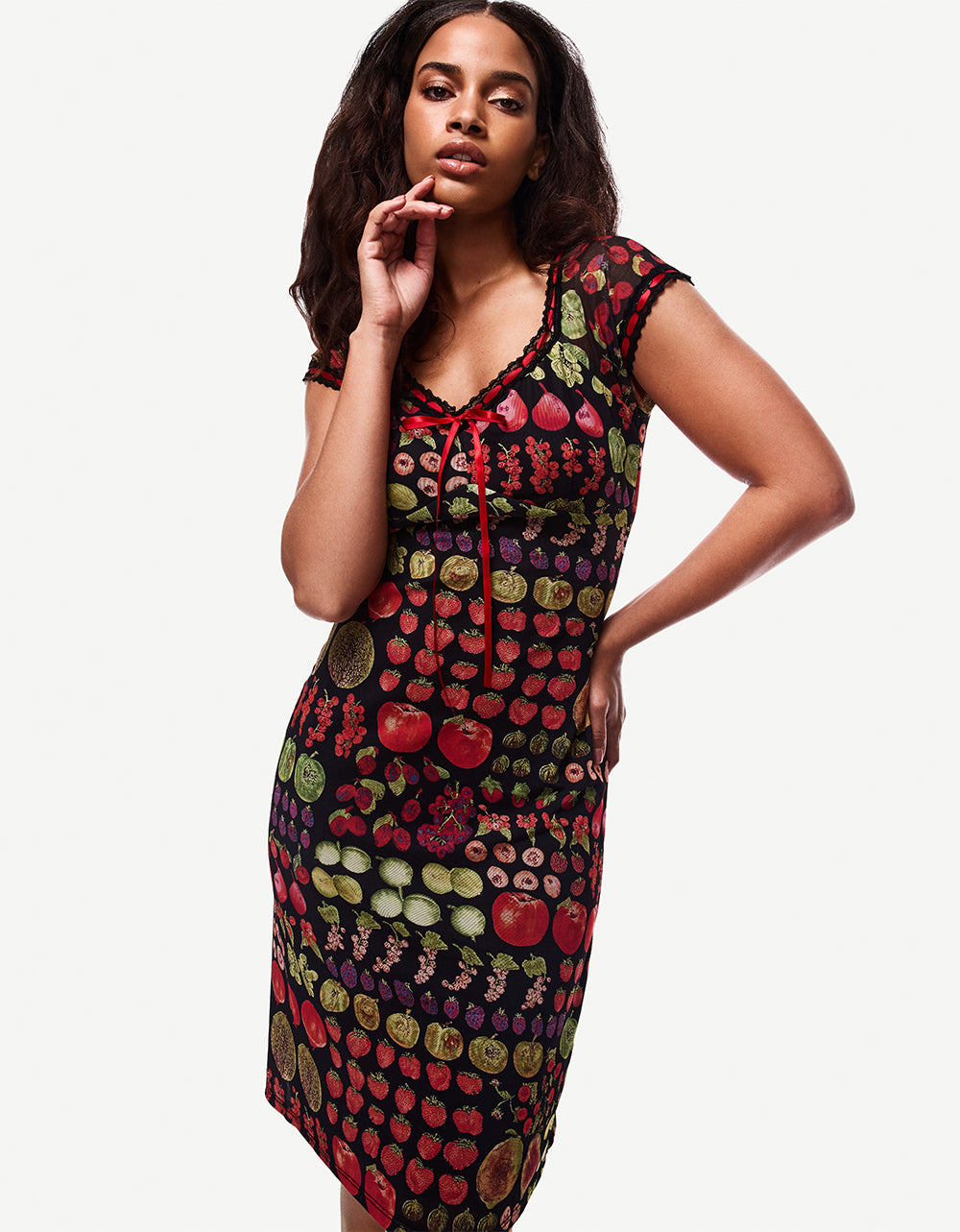 Betsey Johnson Sale - BETSEY'S FRUIT DRESS BLACK MULTI Women's Fruit Print Short-Sleeved Slip Dress