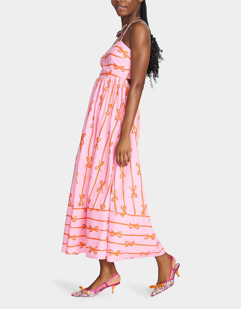 Betsey Johnson Sale - JORDY MAXI DRESS PINK MULTI Women's Flowy Bow Print Maxi Dress
