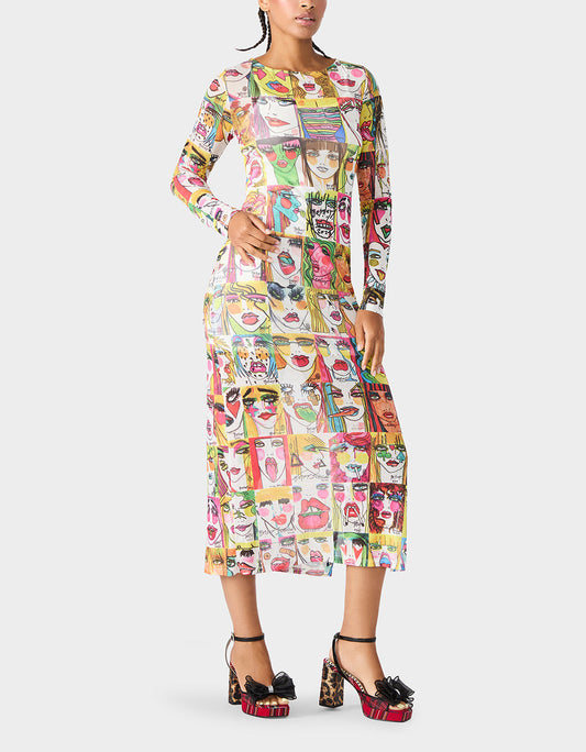Betsey Johnson Value - BETSEY'S PRINT SHEER DRESS MULTI Women's Long-Sleeved Mesh Sheer Midi Dress