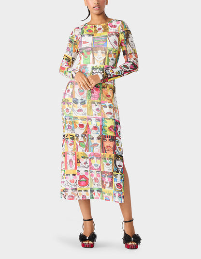 Betsey Johnson Value - BETSEY'S PRINT SHEER DRESS MULTI Women's Long-Sleeved Mesh Sheer Midi Dress