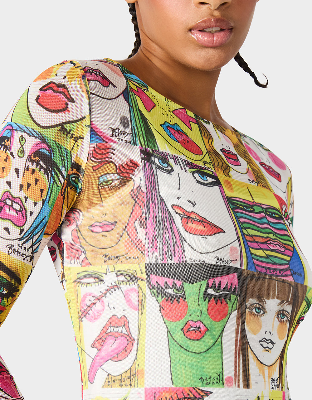 Betsey Johnson Value - BETSEY'S PRINT SHEER DRESS MULTI Women's Long-Sleeved Mesh Sheer Midi Dress