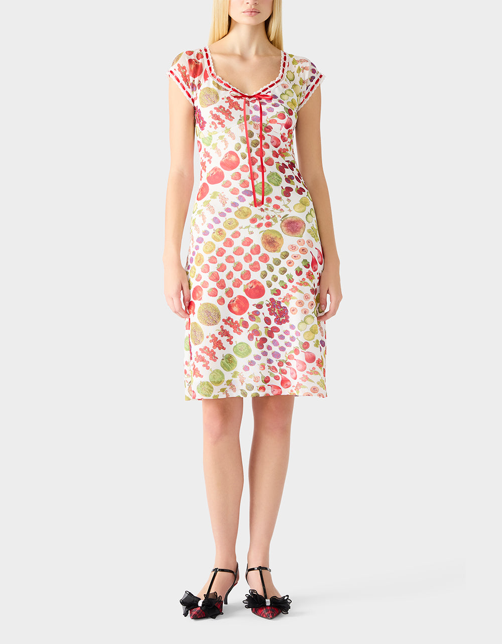 Betsey Johnson Customer Favorite - BETSEY'S FRUIT DRESS WHITE MULTI Women's Fruit Print Short-Sleeved Slip Dress