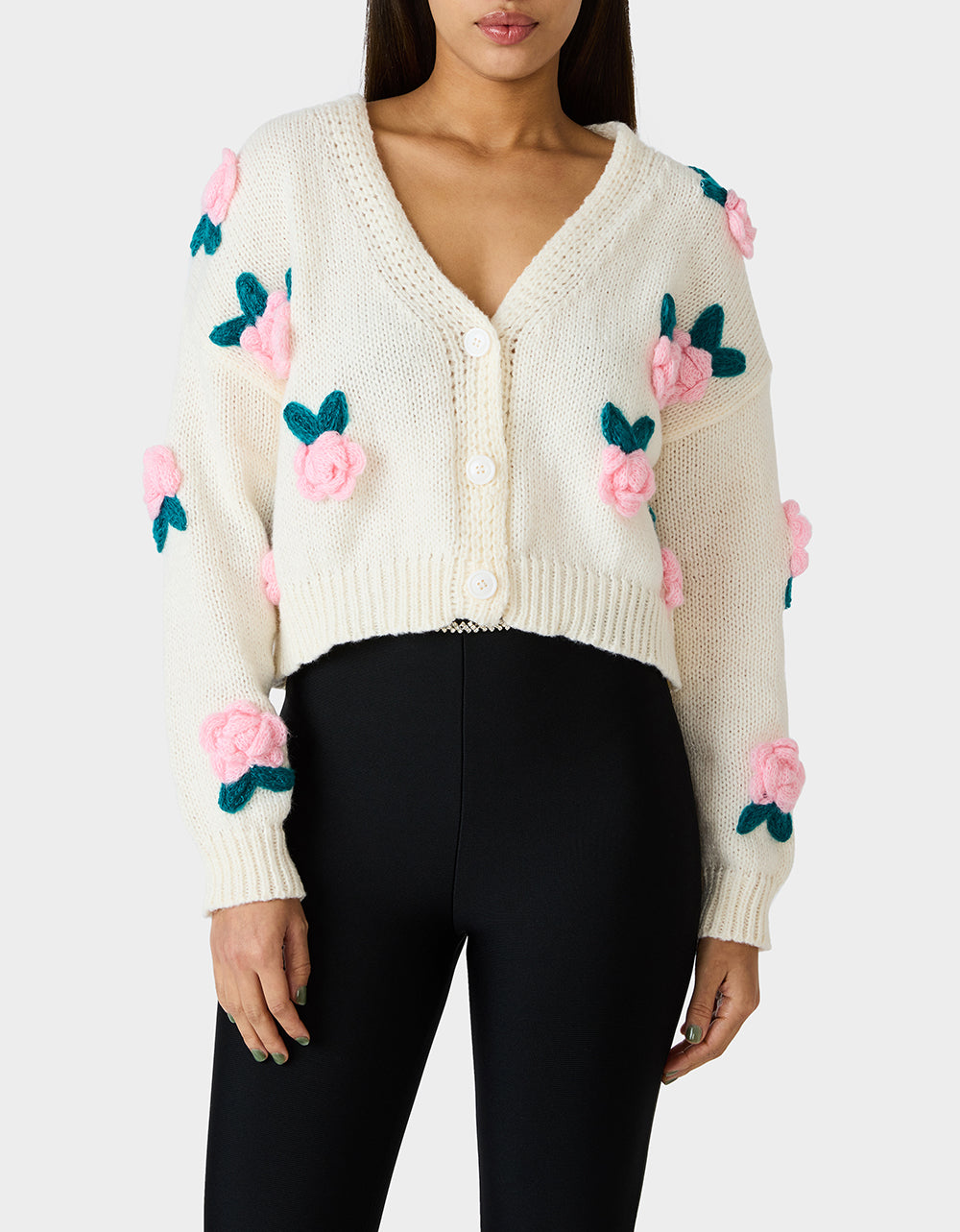 Betsey Johnson Featured - ROSETTE CARDIGAN CREAM Women's V-Neck Cardigan Floral Sweater