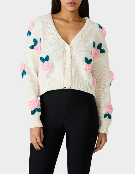 Betsey Johnson Featured - ROSETTE CARDIGAN CREAM Women's V-Neck Cardigan Floral Sweater