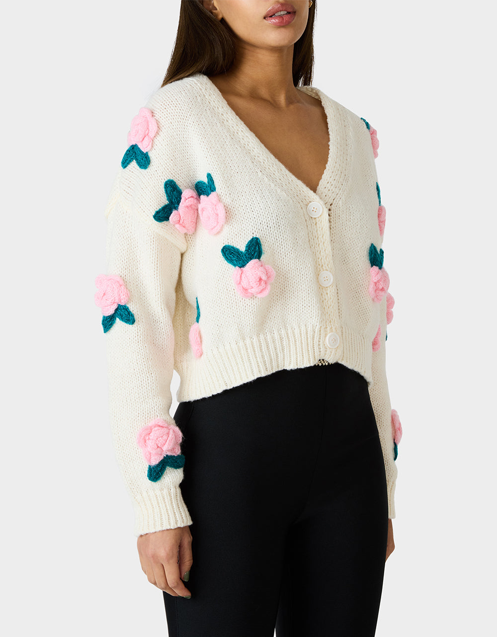 Betsey Johnson Featured - ROSETTE CARDIGAN CREAM Women's V-Neck Cardigan Floral Sweater