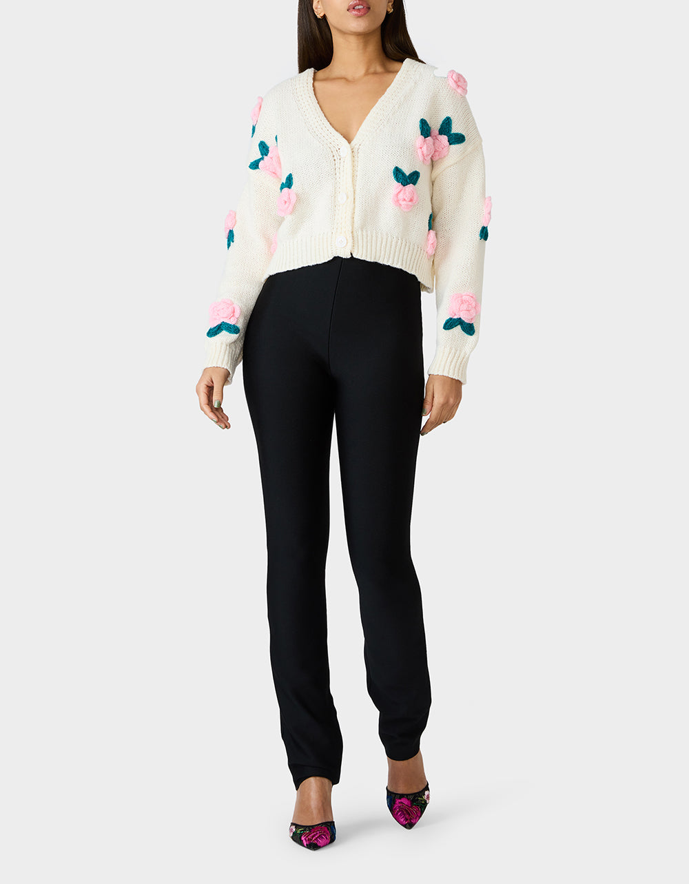 Betsey Johnson Featured - ROSETTE CARDIGAN CREAM Women's V-Neck Cardigan Floral Sweater