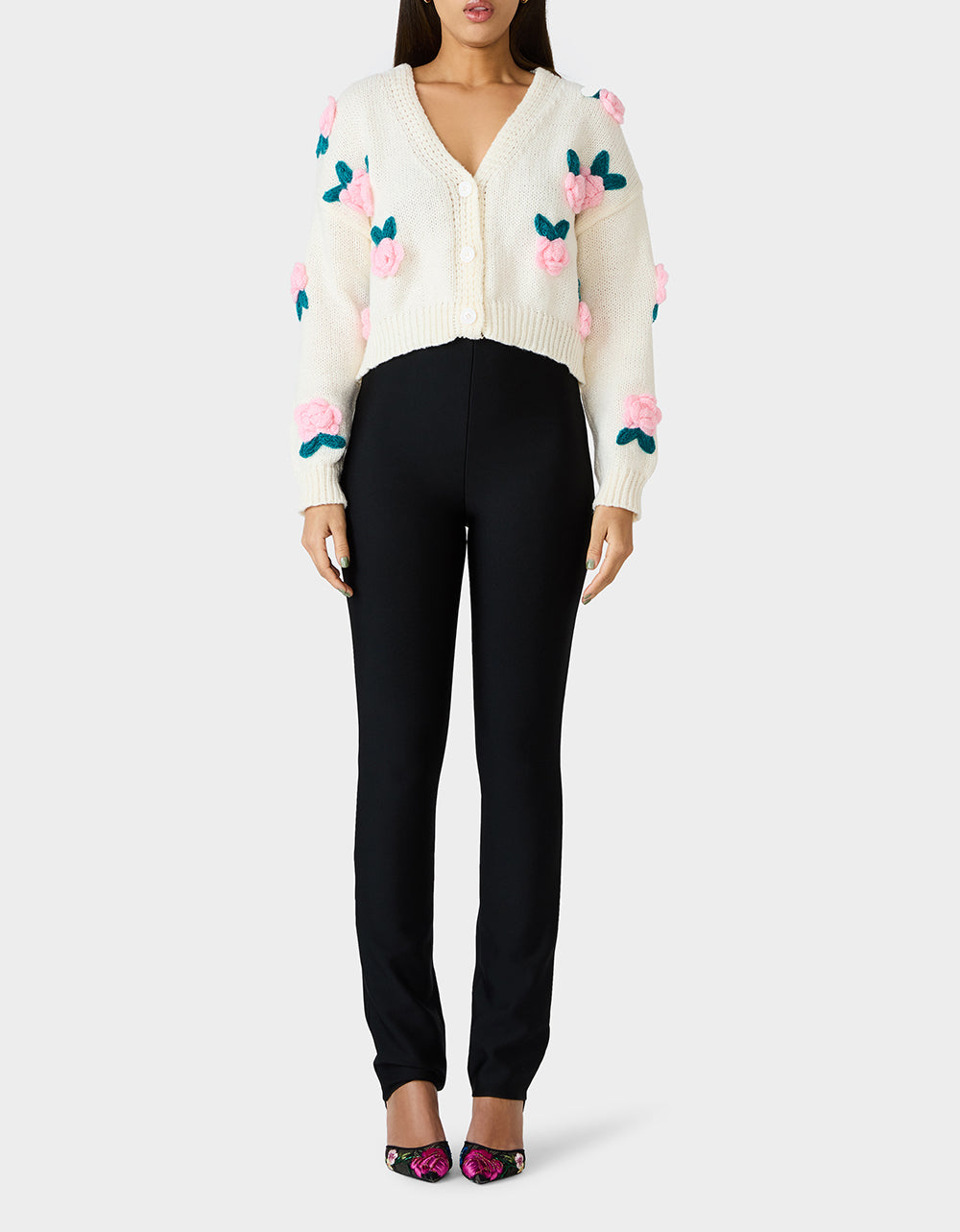 Betsey Johnson Featured - ROSETTE CARDIGAN CREAM Women's V-Neck Cardigan Floral Sweater