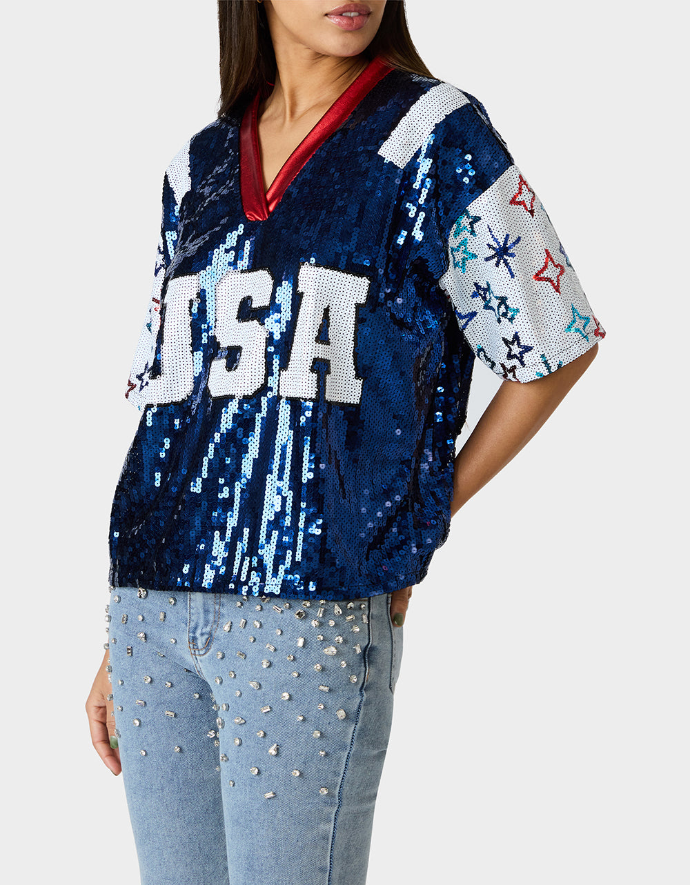 Betsey Johnson Premium - USA JERSEY BLUE Women's Red White and Blue USA Sequin Jersey