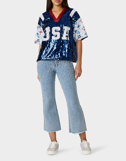 Betsey Johnson Premium - USA JERSEY BLUE Women's Red White and Blue USA Sequin Jersey