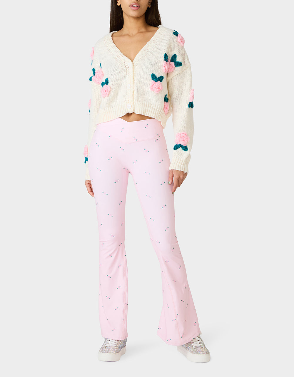 Betsey Johnson Premium - ROSE PRINT CROSSOVER LEGGINGS PINK ROSE Women's Floral Crossover Activewear Legging