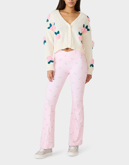 Betsey Johnson Premium - ROSE PRINT CROSSOVER LEGGINGS PINK ROSE Women's Floral Crossover Activewear Legging
