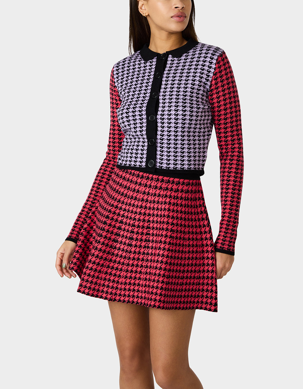 Betsey Johnson Quality - HOT IN HOUNDSTOOTH SET PINK MULTI Women's Pink and Purple Houndstooth Top and Skirt set