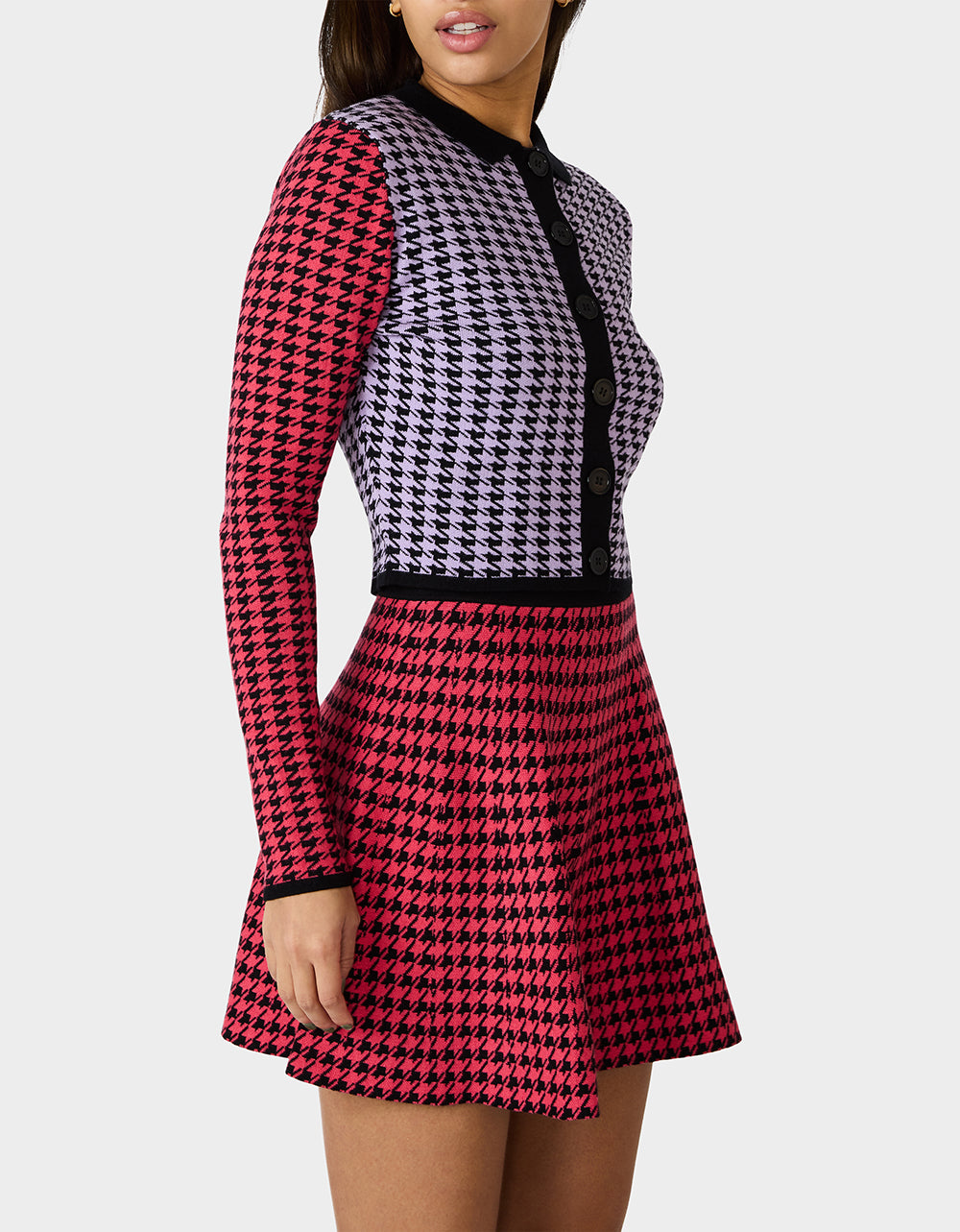 Betsey Johnson Quality - HOT IN HOUNDSTOOTH SET PINK MULTI Women's Pink and Purple Houndstooth Top and Skirt set