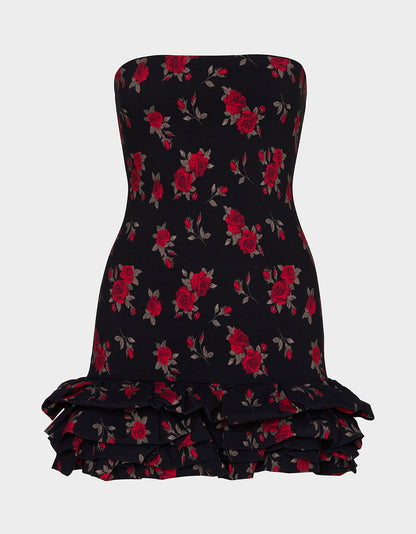 Betsey Johnson Best Price - ROSIE POSIE DRESS BLACK Women's Strapless Floral Rose Print Mini Dress