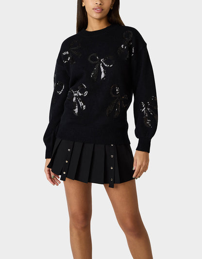 Betsey Johnson Discount - SEQUIN BOW SWEATER BLACK Women's Bow Print Black Cozy Sweater