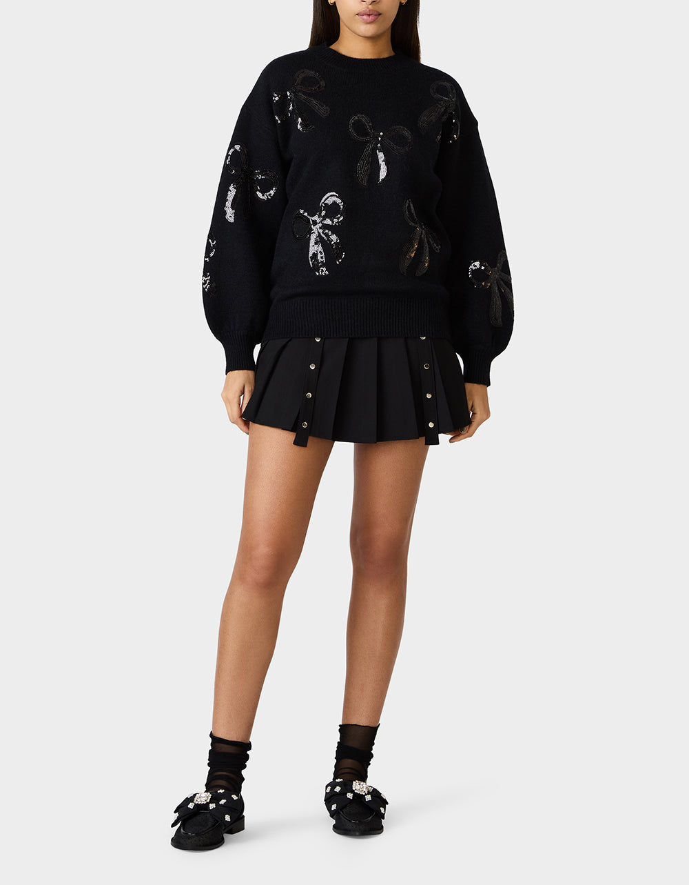 Betsey Johnson Discount - SEQUIN BOW SWEATER BLACK Women's Bow Print Black Cozy Sweater