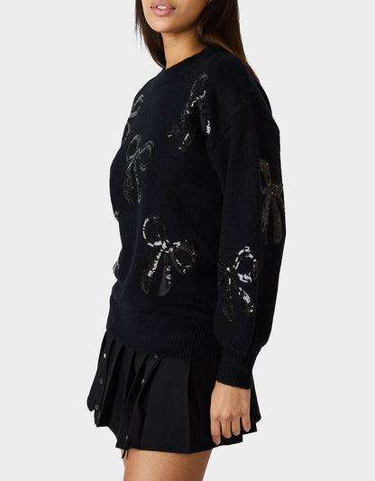 Betsey Johnson Discount - SEQUIN BOW SWEATER BLACK Women's Bow Print Black Cozy Sweater