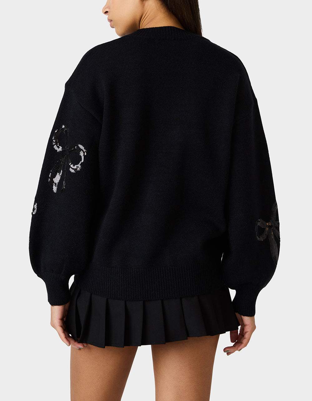 Betsey Johnson Discount - SEQUIN BOW SWEATER BLACK Women's Bow Print Black Cozy Sweater