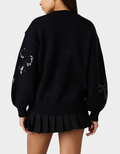 Betsey Johnson Discount - SEQUIN BOW SWEATER BLACK Women's Bow Print Black Cozy Sweater