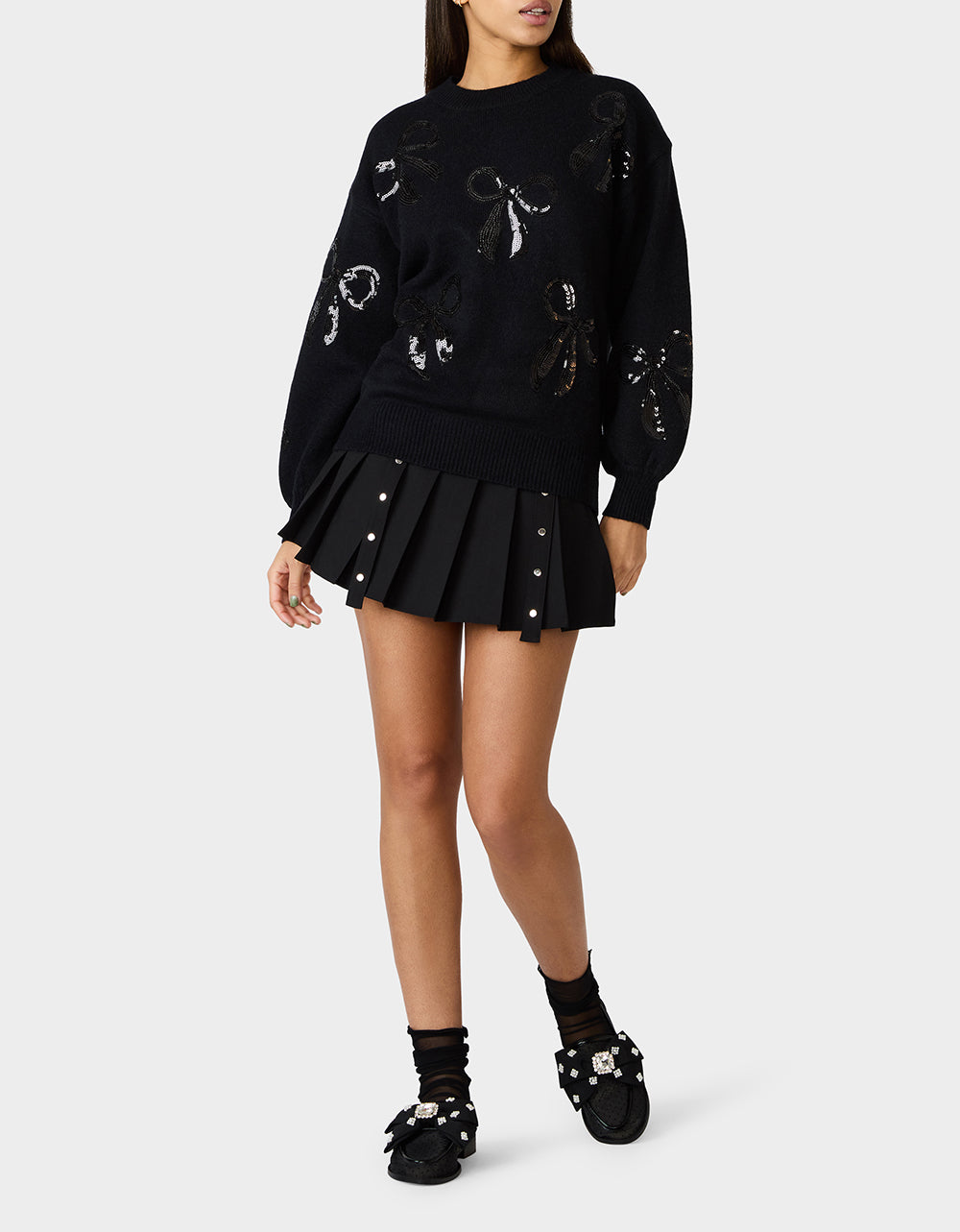 Betsey Johnson Discount - SEQUIN BOW SWEATER BLACK Women's Bow Print Black Cozy Sweater