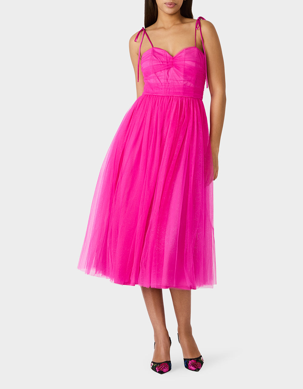 Betsey Johnson Customer Favorite - GLITTER TULLE MULTI MAGENTA Women's Corset Midi Tulle Dress