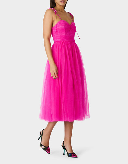 Betsey Johnson Customer Favorite - GLITTER TULLE MULTI MAGENTA Women's Corset Midi Tulle Dress