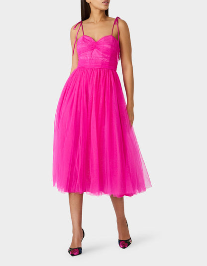 Betsey Johnson Customer Favorite - GLITTER TULLE MULTI MAGENTA Women's Corset Midi Tulle Dress
