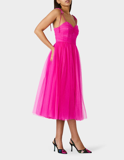 Betsey Johnson Customer Favorite - GLITTER TULLE MULTI MAGENTA Women's Corset Midi Tulle Dress