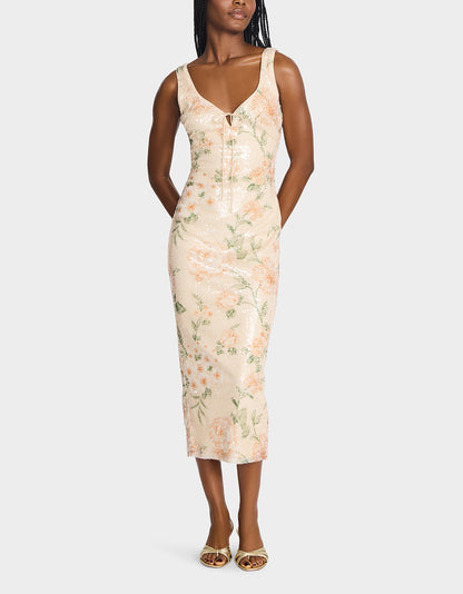 Betsey Johnson Signature - APRICOT HAZE DRESS BLURRY FLORAL Women's Midi Sequin Floral Dress