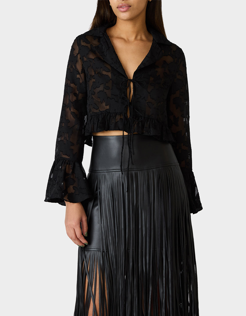 Betsey Johnson Trending - OPHELIA NOIR BLOUSE BLACK Women's Tie Front Long Sleeve Mesh Crop Top