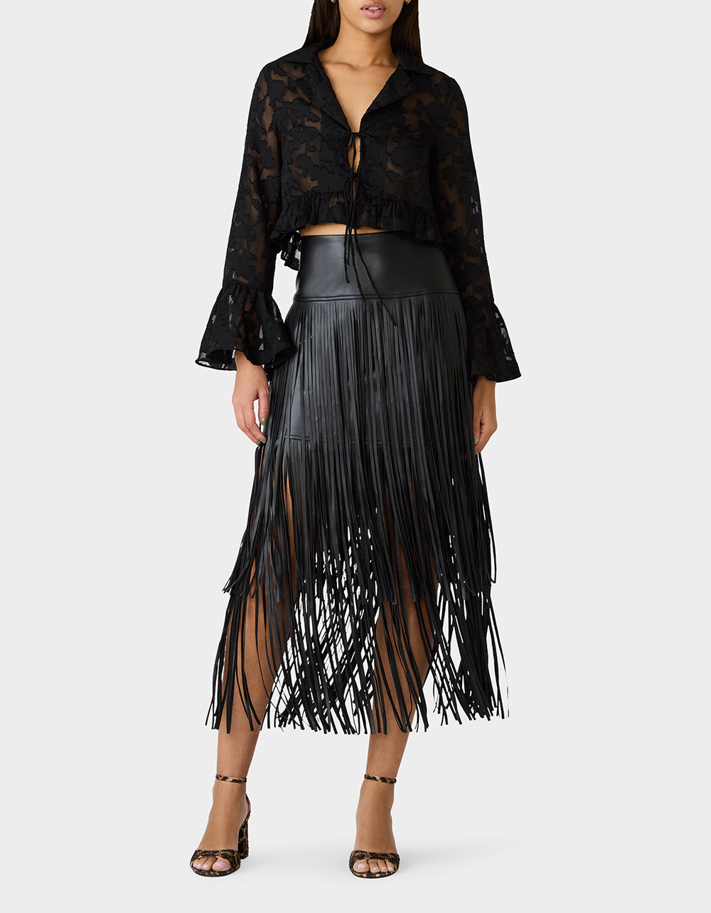 Betsey Johnson Trending - OPHELIA NOIR BLOUSE BLACK Women's Tie Front Long Sleeve Mesh Crop Top