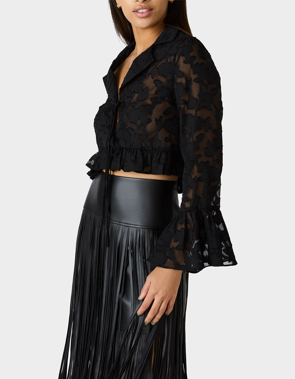 Betsey Johnson Trending - OPHELIA NOIR BLOUSE BLACK Women's Tie Front Long Sleeve Mesh Crop Top