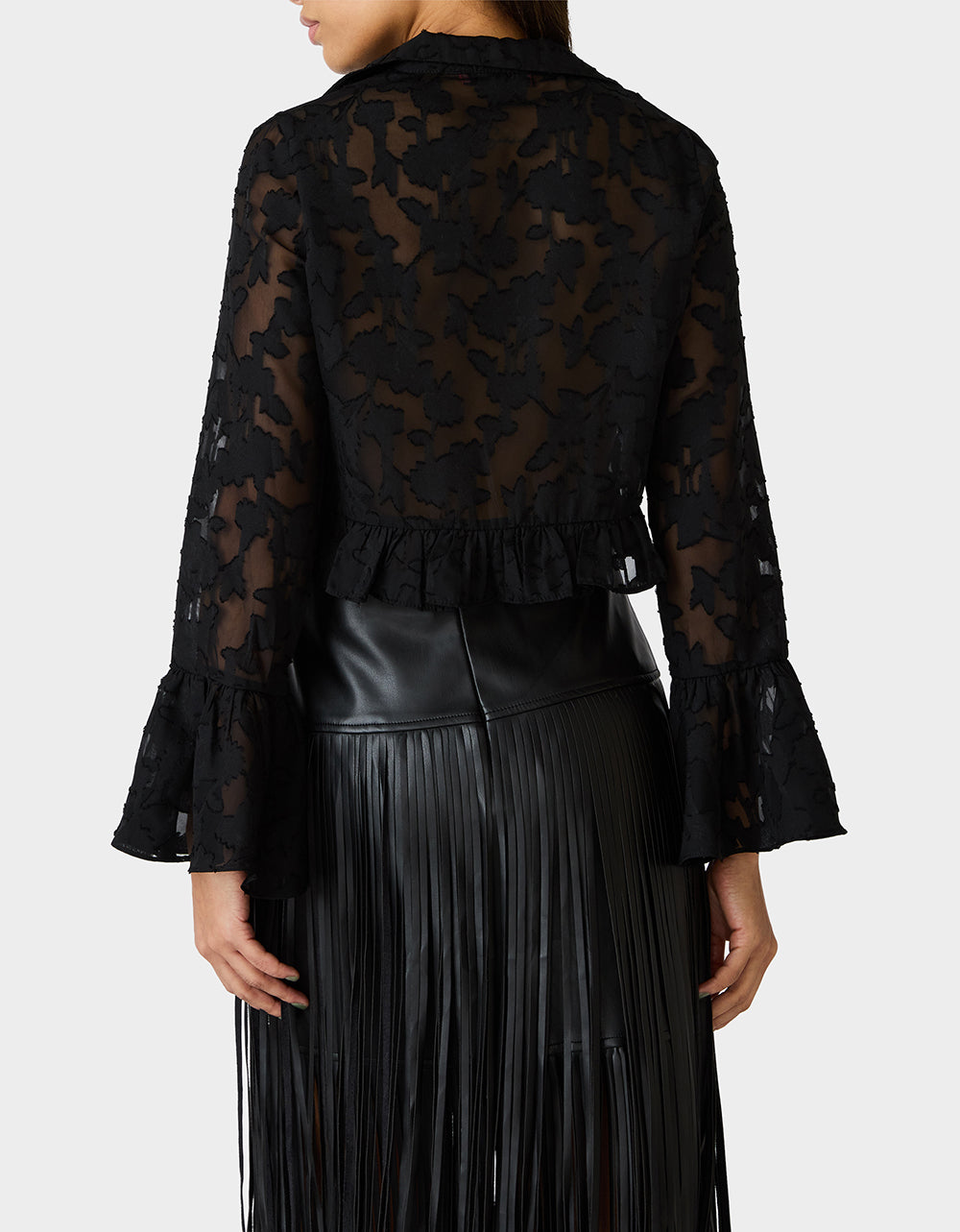 Betsey Johnson Trending - OPHELIA NOIR BLOUSE BLACK Women's Tie Front Long Sleeve Mesh Crop Top