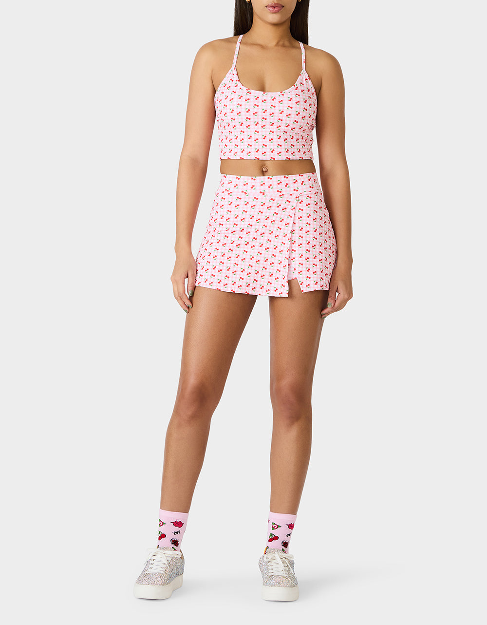 Betsey Johnson Sale - CHERRY GINGHAM SET PINK MULTI Women's Pink Cherry Gingham Activewear Tank Top