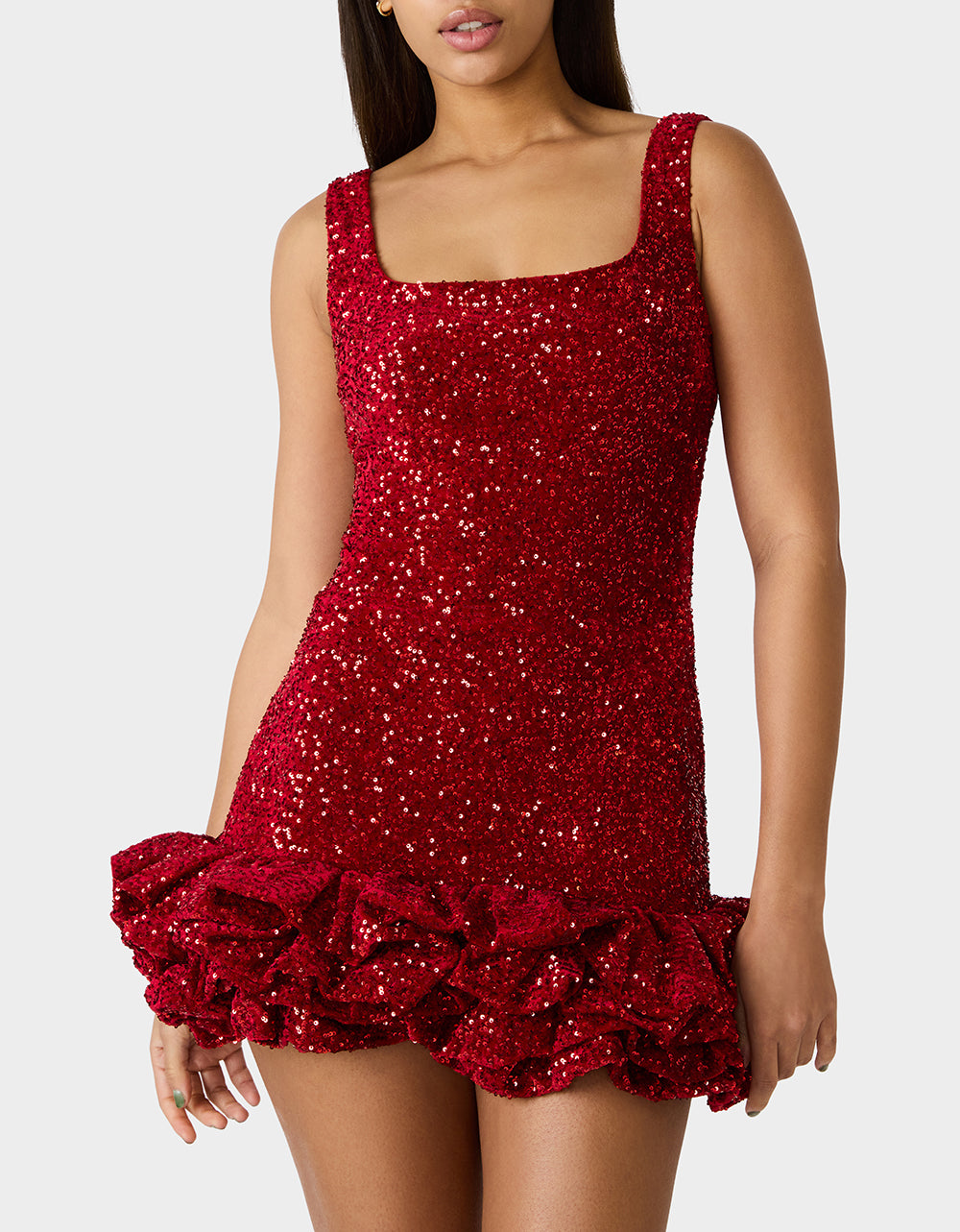 Betsey Johnson Essential - FESTIVE FLIRT DRESS RED Red Sequin Mini Dress with Ruffle Hem
