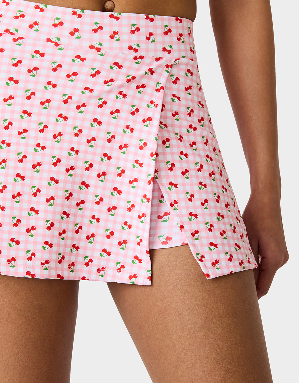Betsey Johnson Sale - CHERRY GINGHAM SIDE SLIT SKORT PINK MULTI Women's Pink Cherry Gingham Activewear Skort