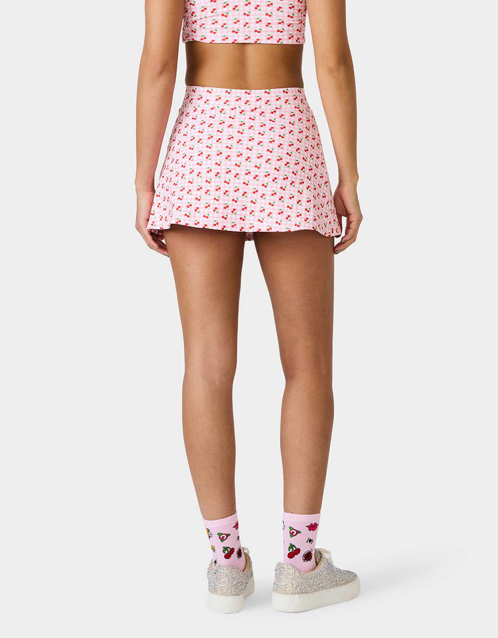 Betsey Johnson Sale - CHERRY GINGHAM SIDE SLIT SKORT PINK MULTI Women's Pink Cherry Gingham Activewear Skort