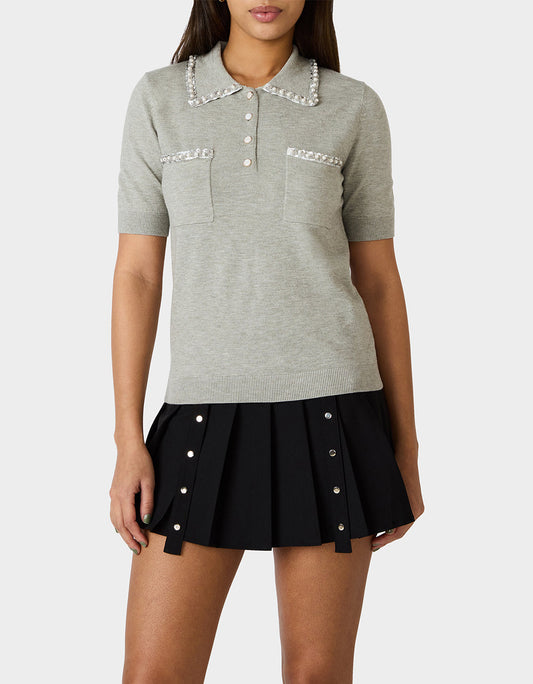 Betsey Johnson Essential - POLISHED IN PEARLS POLO HEATHER GREY Women's Grey Pearl Embellished Short Sleeve Polo Shirt
