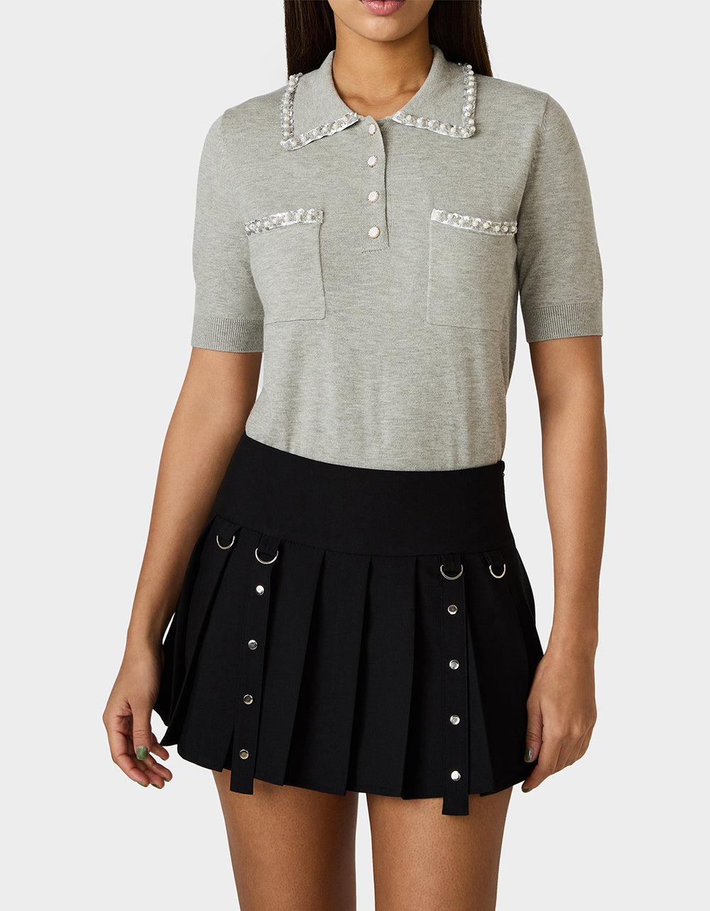 Betsey Johnson Essential - POLISHED IN PEARLS POLO HEATHER GREY Women's Grey Pearl Embellished Short Sleeve Polo Shirt