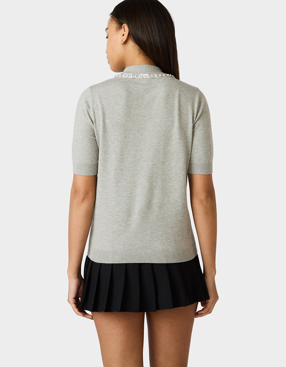 Betsey Johnson Essential - POLISHED IN PEARLS POLO HEATHER GREY Women's Grey Pearl Embellished Short Sleeve Polo Shirt