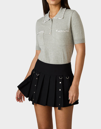 Betsey Johnson Essential - POLISHED IN PEARLS POLO HEATHER GREY Women's Grey Pearl Embellished Short Sleeve Polo Shirt
