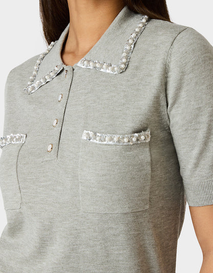 Betsey Johnson Essential - POLISHED IN PEARLS POLO HEATHER GREY Women's Grey Pearl Embellished Short Sleeve Polo Shirt
