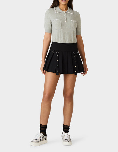 Betsey Johnson Essential - POLISHED IN PEARLS POLO HEATHER GREY Women's Grey Pearl Embellished Short Sleeve Polo Shirt