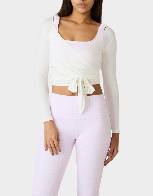 Betsey Johnson Everyday - LONG SLEEVE V NECK WRAP TOP WHITE Women's White Activewear Wrap Long Sleeve Top