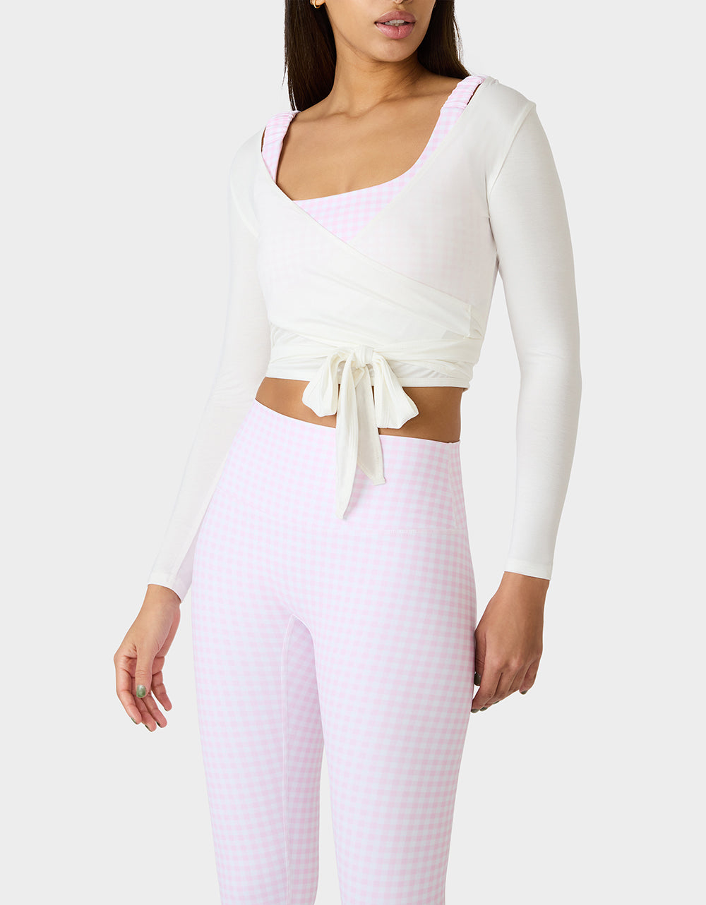Betsey Johnson Everyday - LONG SLEEVE V NECK WRAP TOP WHITE Women's White Activewear Wrap Long Sleeve Top